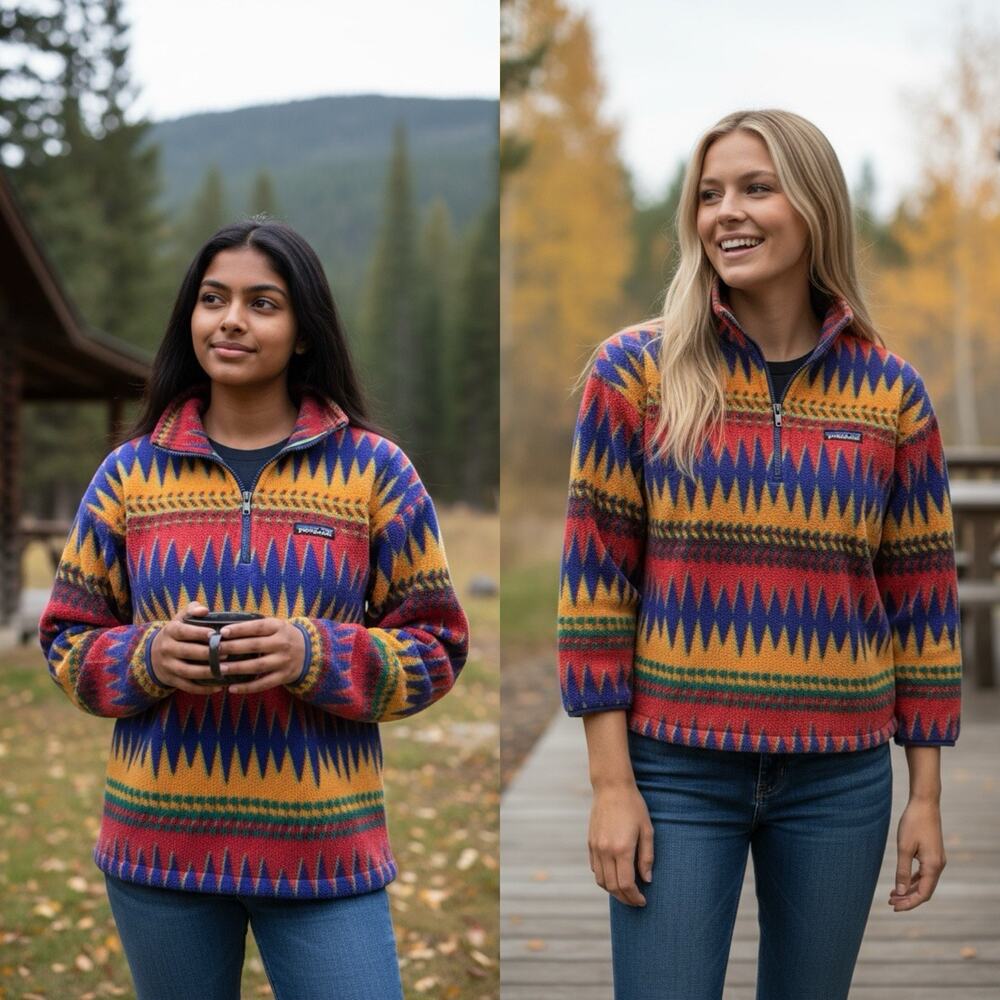 VTG Patagonia Minnehaha Laughing Waters Flame Snap Fleece Kid 12 Small Adult - Picture 16 of 16